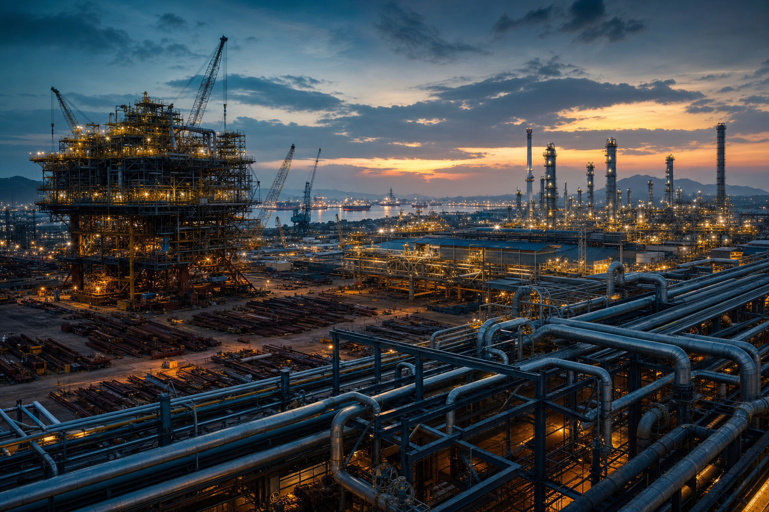 Oil and gas processing facility and fabrication yard at dusk
